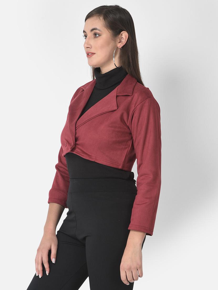 solid maroon velvet crop jacket - 20970365 - Standard Image - 1