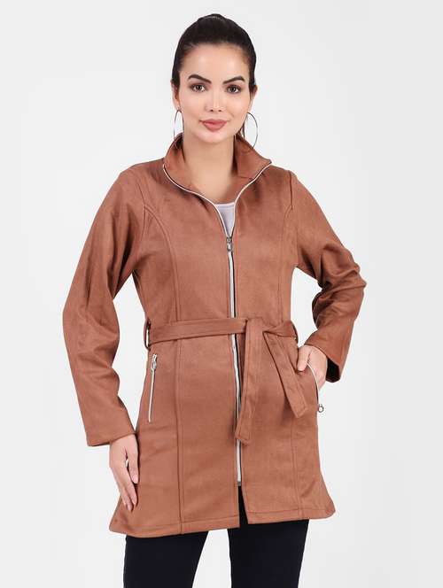 solid brown fleece casual jacket - 20970377 -  Standard Image - 0