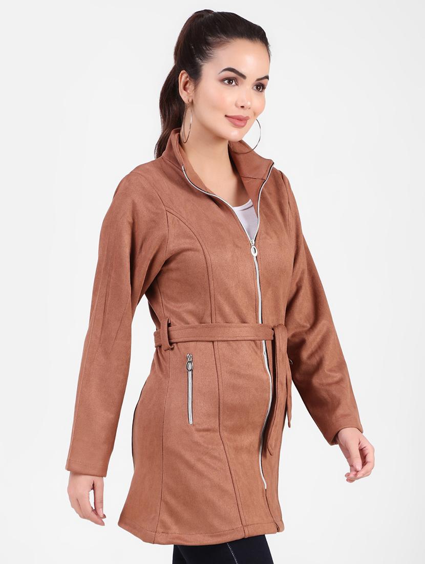 solid brown fleece casual jacket - 20970377 - Standard Image - 1