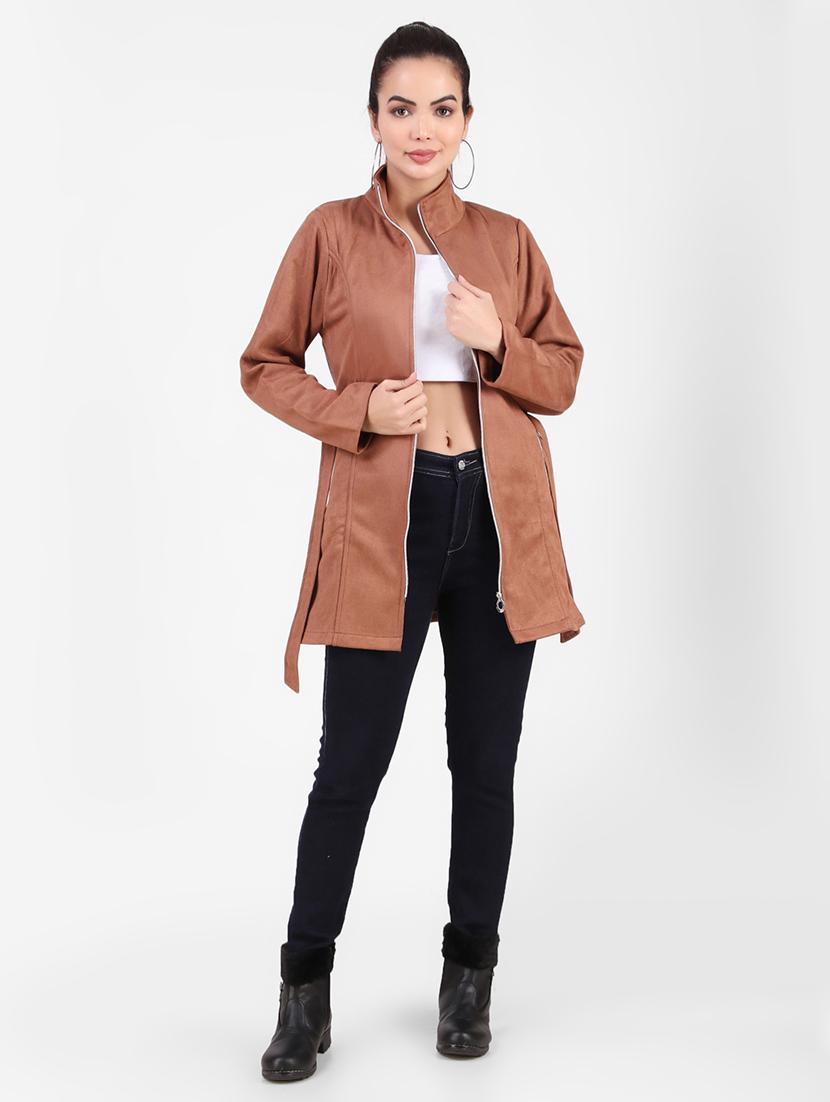 solid brown fleece casual jacket - 20970377 - Standard Image - 4