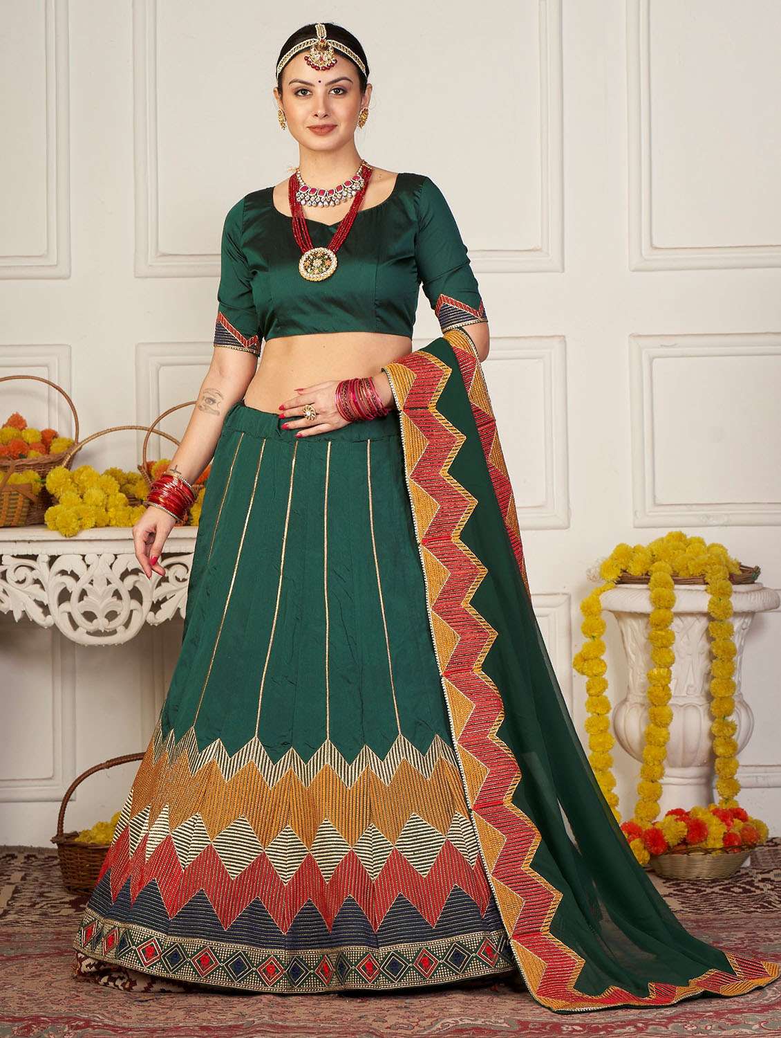 women flared semi-stitched lehnga