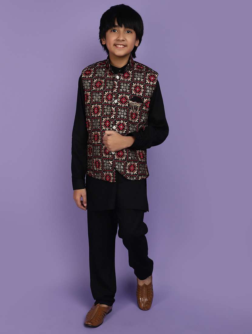 boys mandarin neck embroidered kurta pyjama set with jacket - 20970748 -  Standard Image - 1