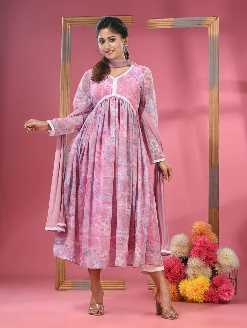 women pink long sleeve kurta pant with dupatta set