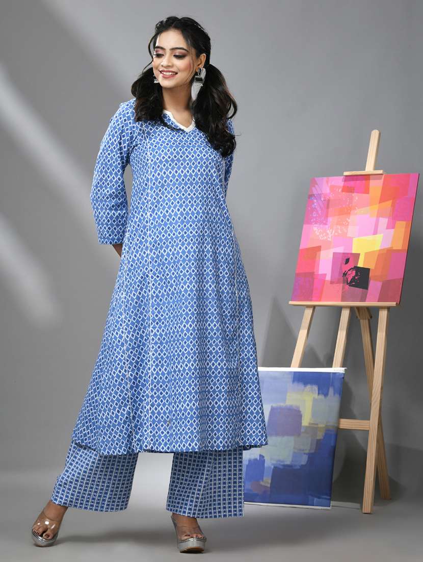 women light blue printed kurta palazzo set - 20970891 -  Standard Image - 1