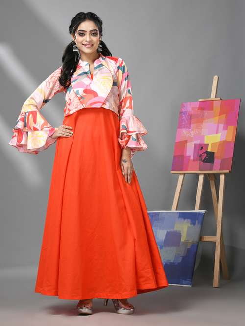 orange solids fit & flare dress with crop top - 20970904 -  Standard Image - 0