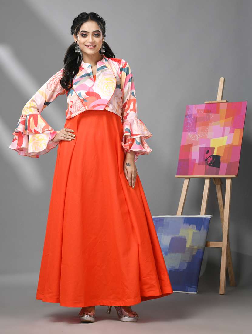 orange solids fit & flare dress with crop top