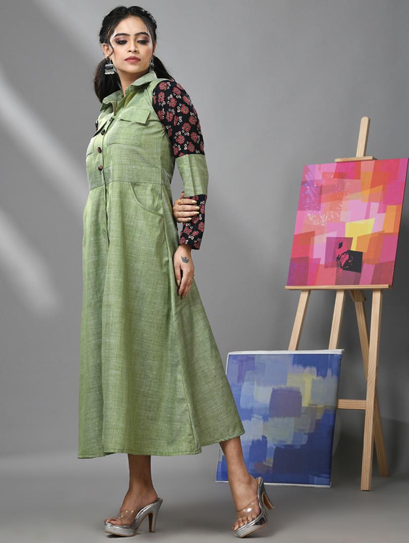 women green shirt collar solids a-line dress - 20970908 - Standard Image - 1