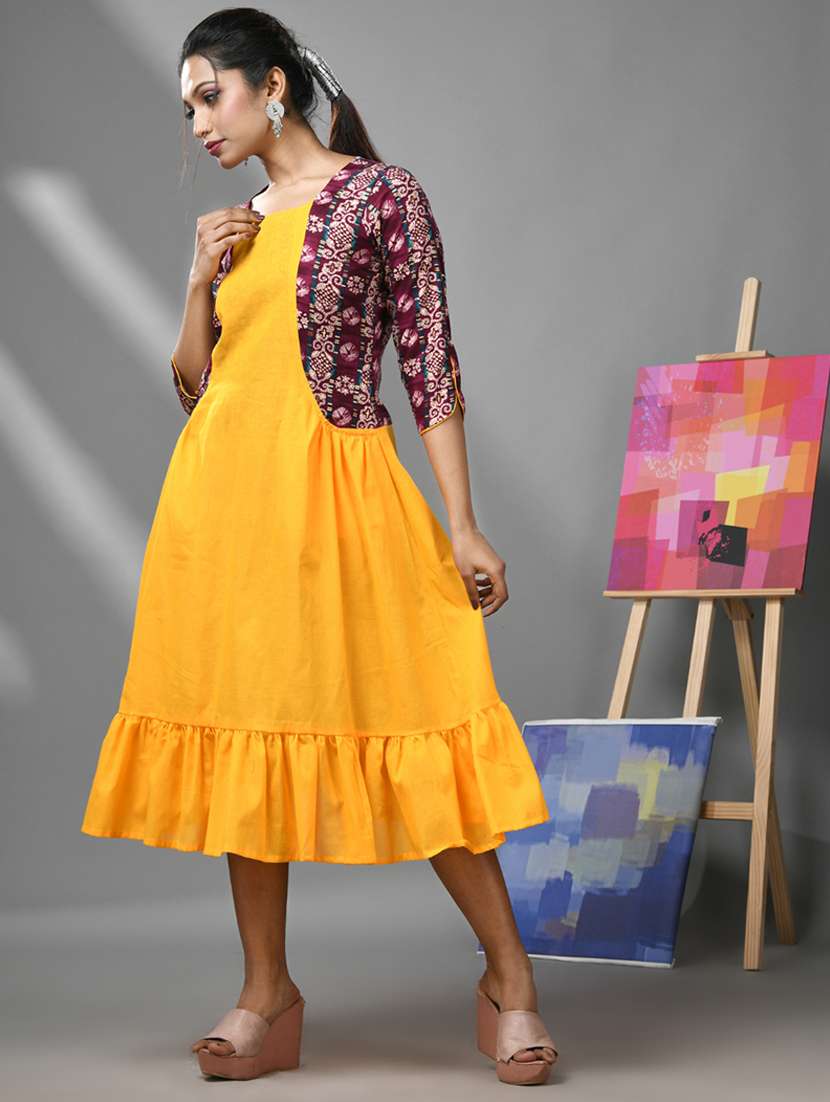 yellow solids fit & flared dress with shrug - 20970909 - Standard Image - 1