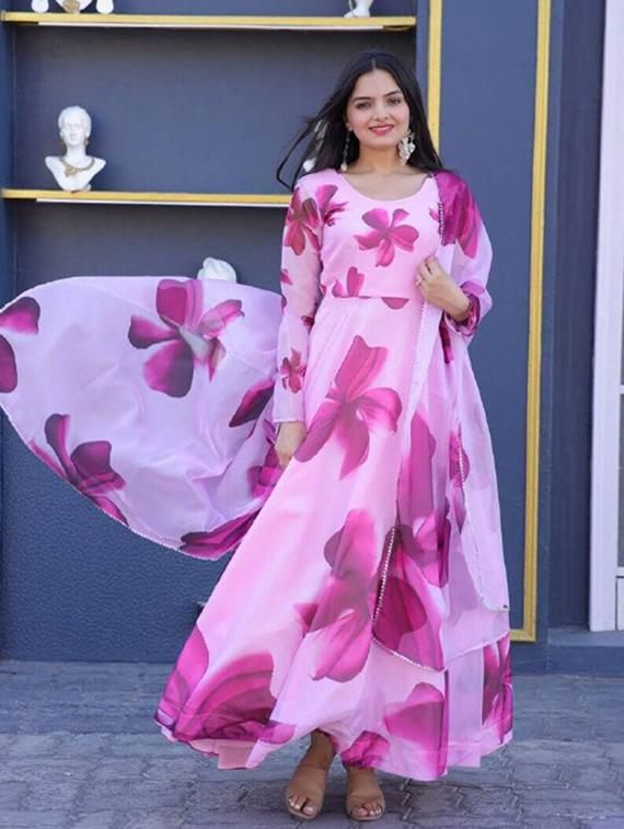 women round neck floral printed a-line gown - 20971367 - Standard Image - 1
