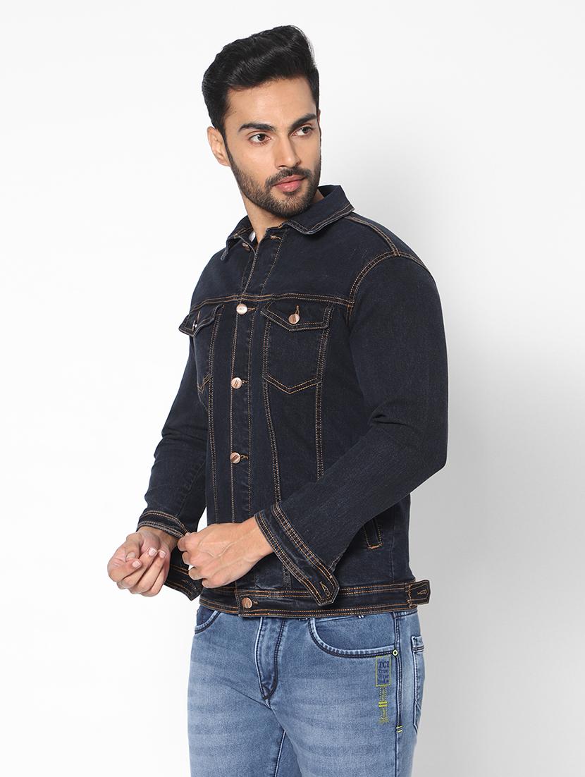 men solid denim casual jacket - 20971863 - Standard Image - 1