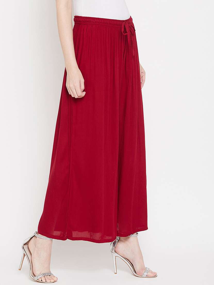 solid maroon flared detailed palazzo - 20972063 -  Standard Image - 1