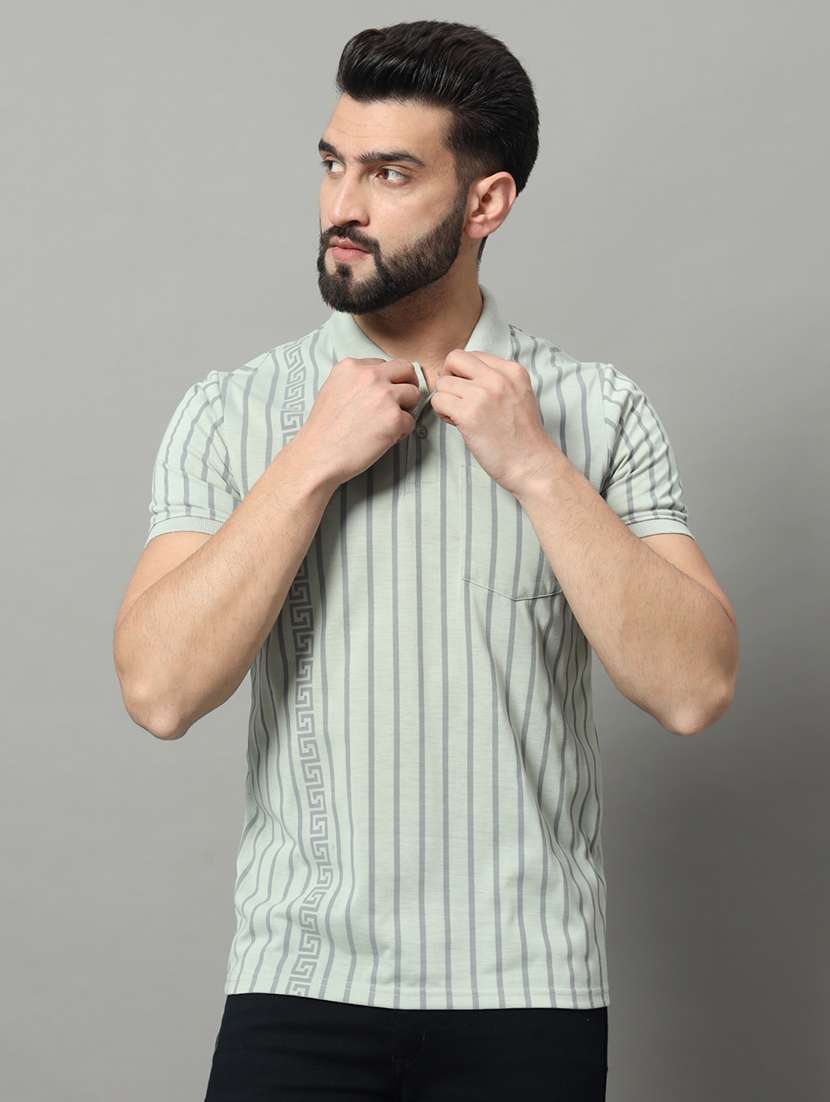 men grey regular fit striped polo t-shirt
