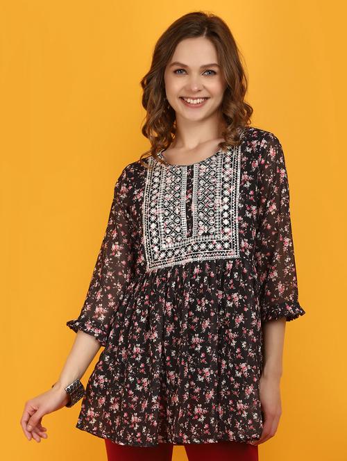 black cotton floral print flared kurti - 20972458 -  Standard Image - 0