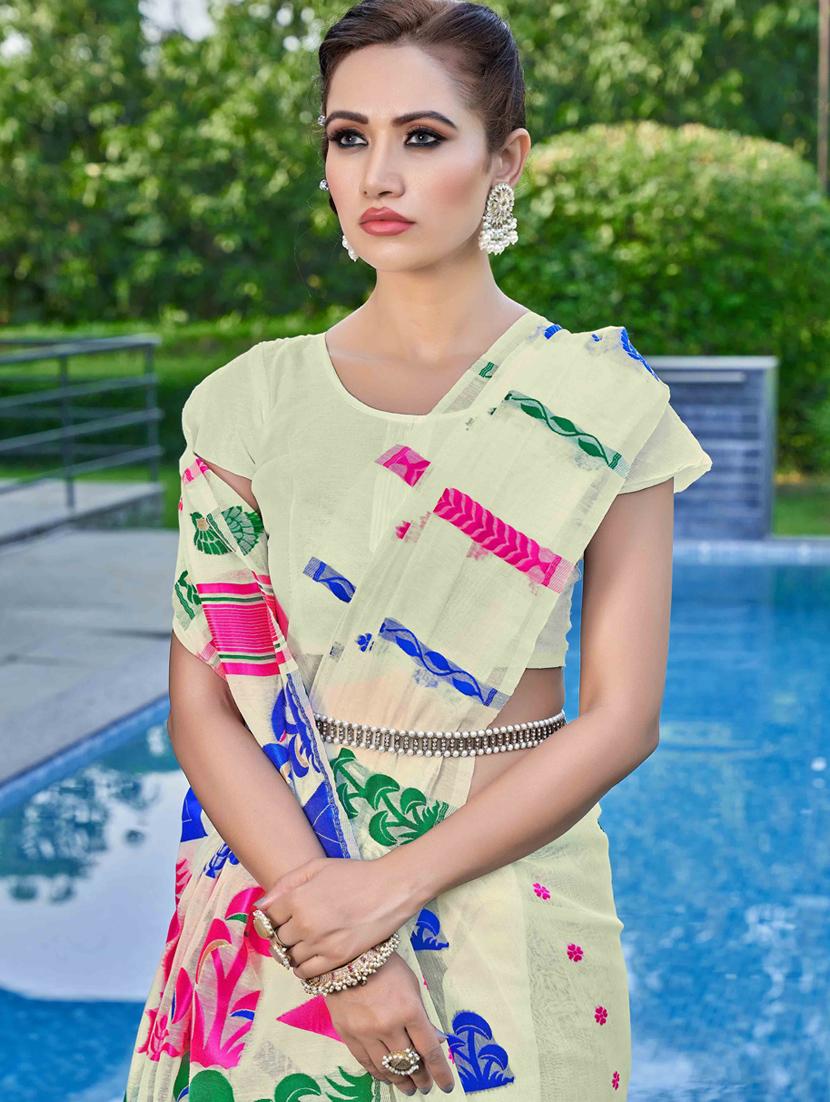 off-white ikkat saree - 20973661 - Standard Image - 1