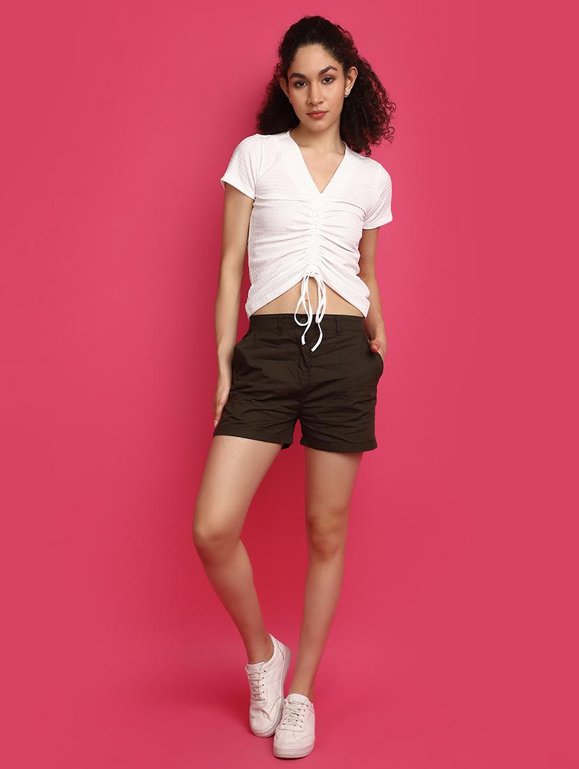 women solid olive green shorts - 20973888 - Standard Image - 4