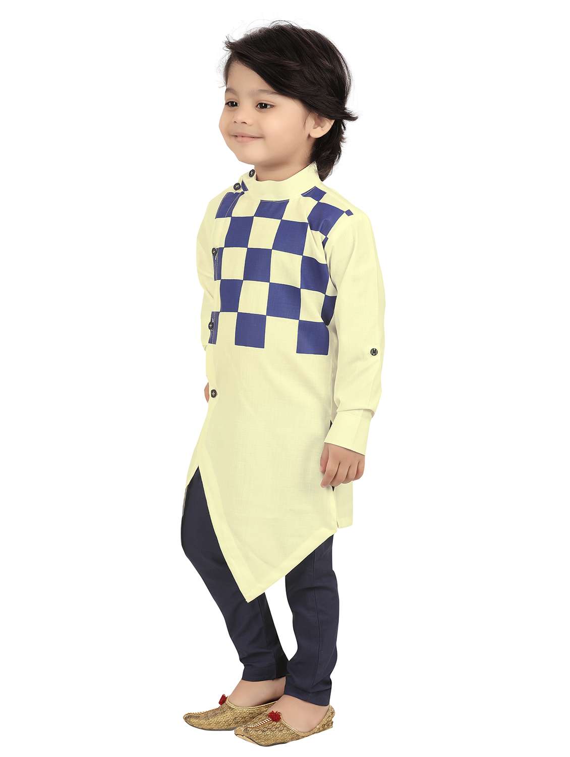 boys checkered asymmetric kurta & pyjama set - 20977938 -  Standard Image - 1