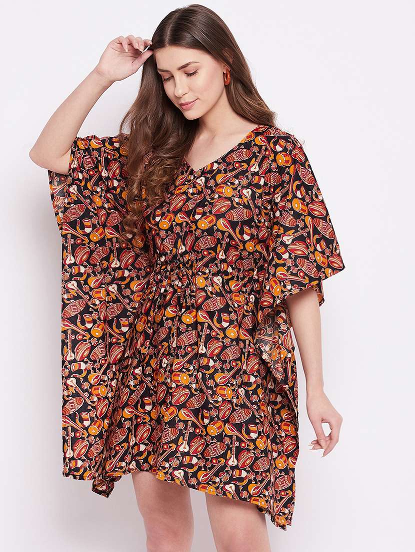 women v neck printed kaftan dress - 20982184 -  Standard Image - 1