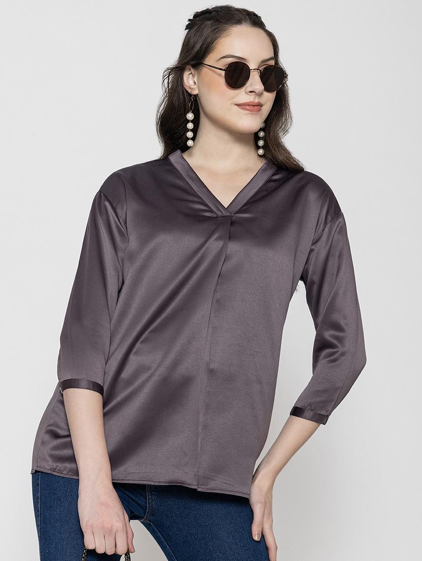 women v neck solid regular top - 20982201 - Standard Image - 1