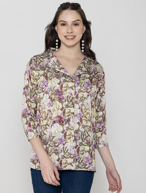 women purple floral printed lapel collar top - 20982207 -  Standard Image - 0