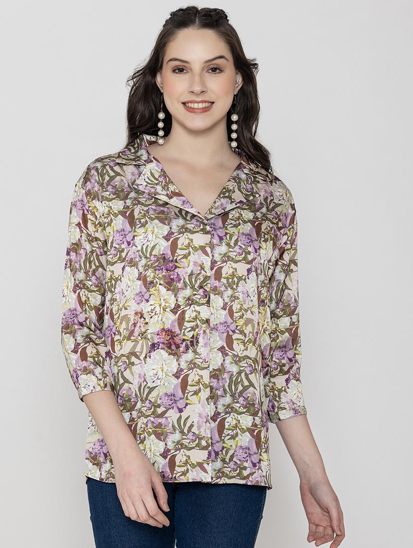 women purple floral printed lapel collar top - 20982207 -  Zoom Image - 0