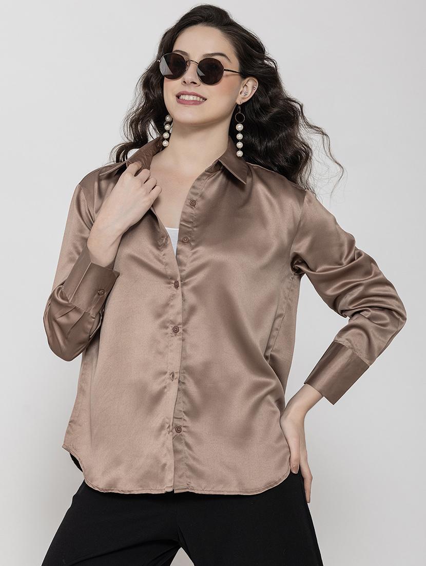 coffee brown satin plain shirt - 20982217 - Standard Image - 1