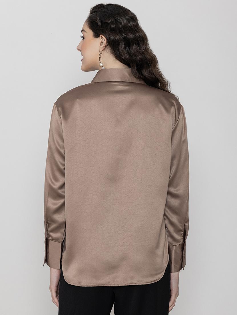 coffee brown satin plain shirt - 20982217 - Standard Image - 4