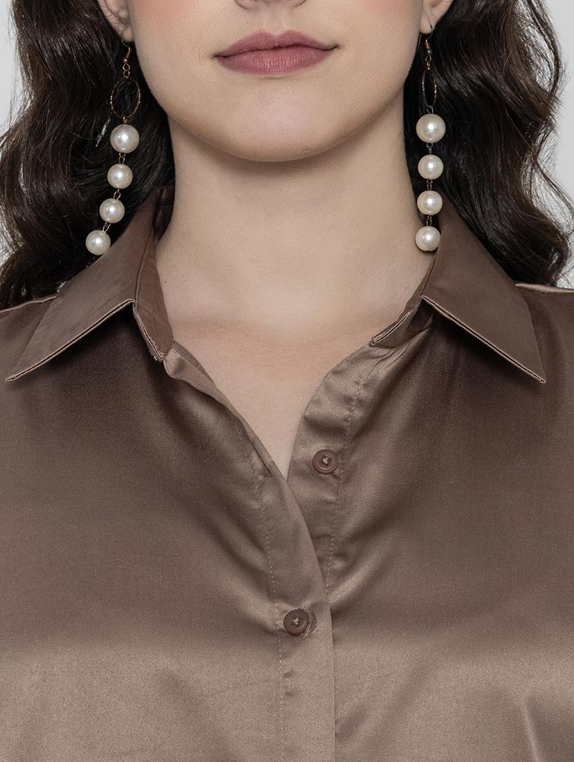 coffee brown satin plain shirt - 20982217 - Standard Image - 6
