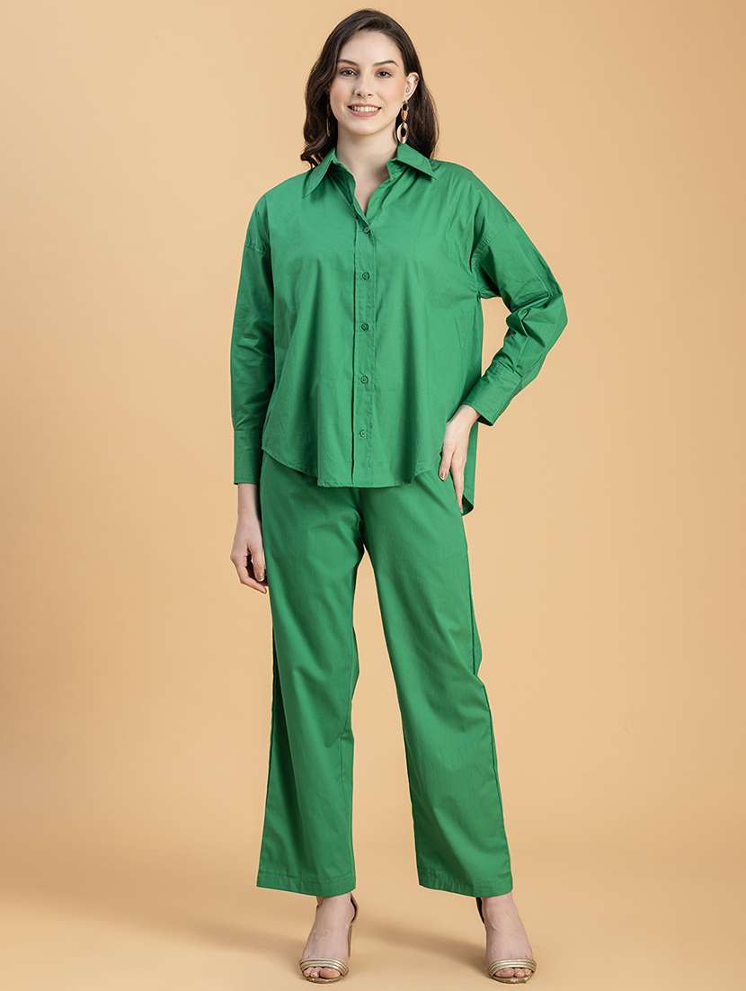 women solid shirt and trouser co-ord set