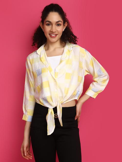 women yellow checked printed knot detailed shirt - 20982283 - Standard Image - 0