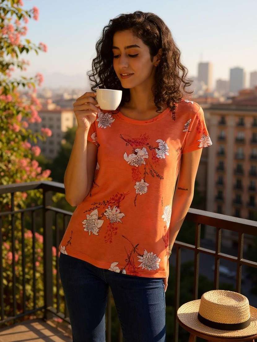 women floral print round neck t-shirt