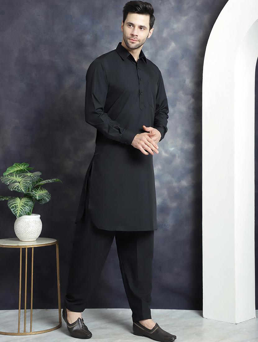 black cotton blend kurta pyjama ethnic wear set - 20982488 -  Standard Image - 1