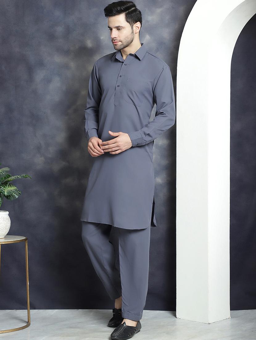 grey cotton blend kurta pyjama ethnic wear set - 20982491 - Standard Image - 1