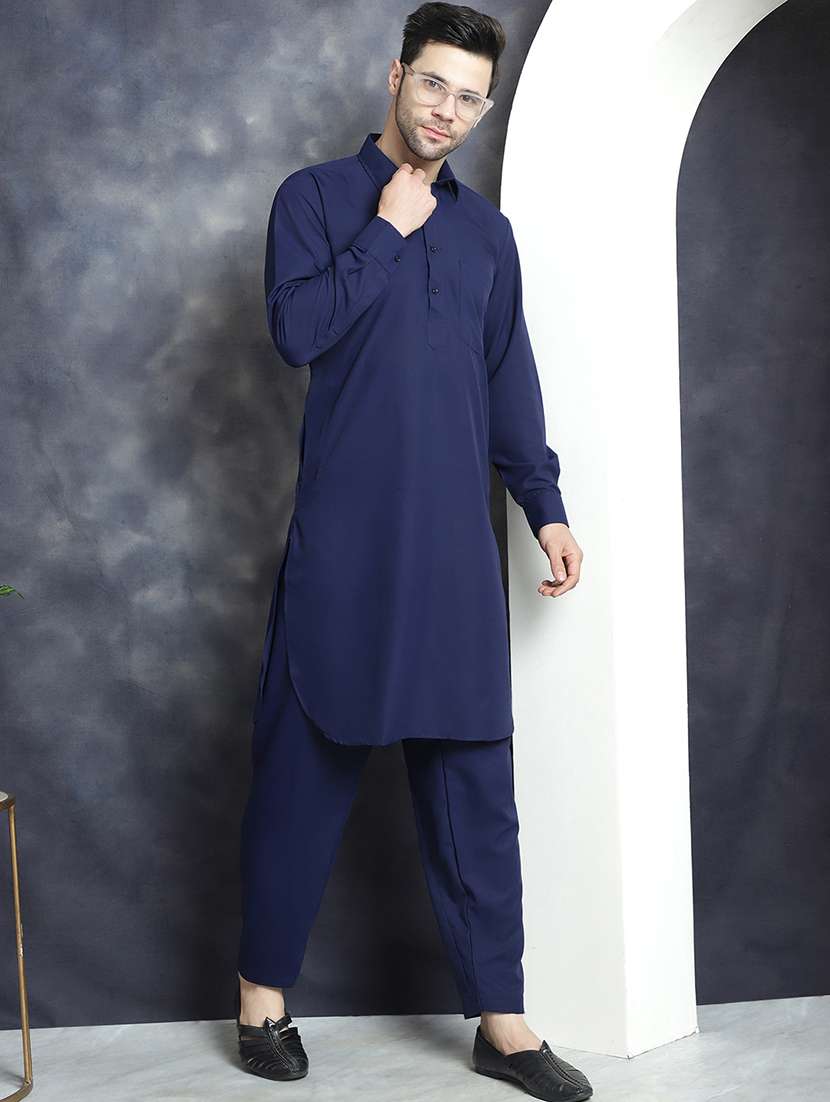 navy cotton blend kurta pyjama ethnic wear set - 20982493 -  Standard Image - 1