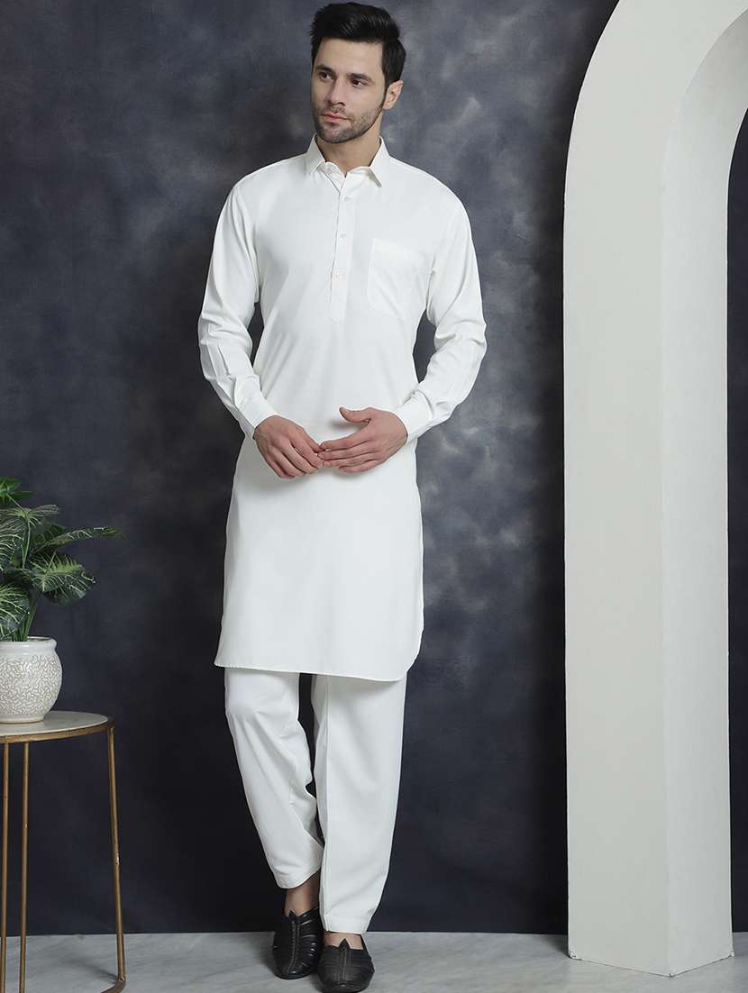 white cotton blend kurta pyjama ethnic wear set