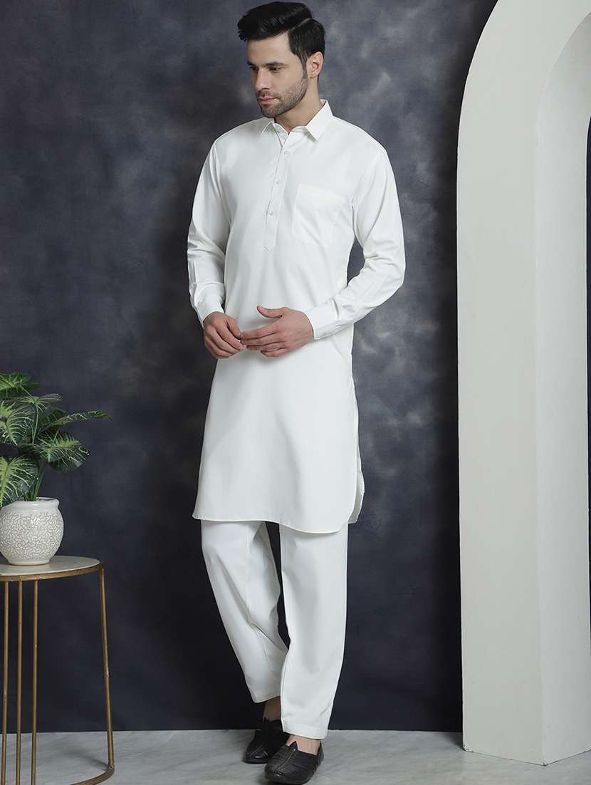 white cotton blend kurta pyjama ethnic wear set - 20982495 -  Standard Image - 1