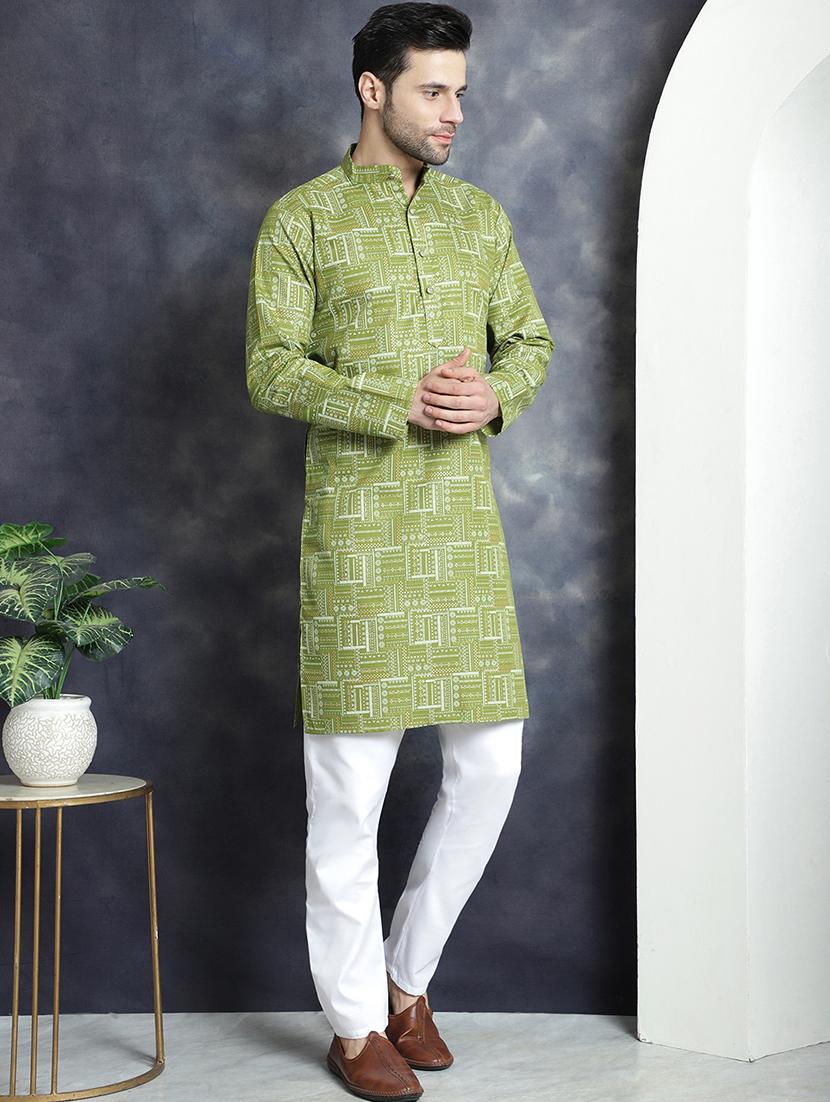 olive cotton blend kurta pyjama ethnic wear set - 20982505 - Standard Image - 1