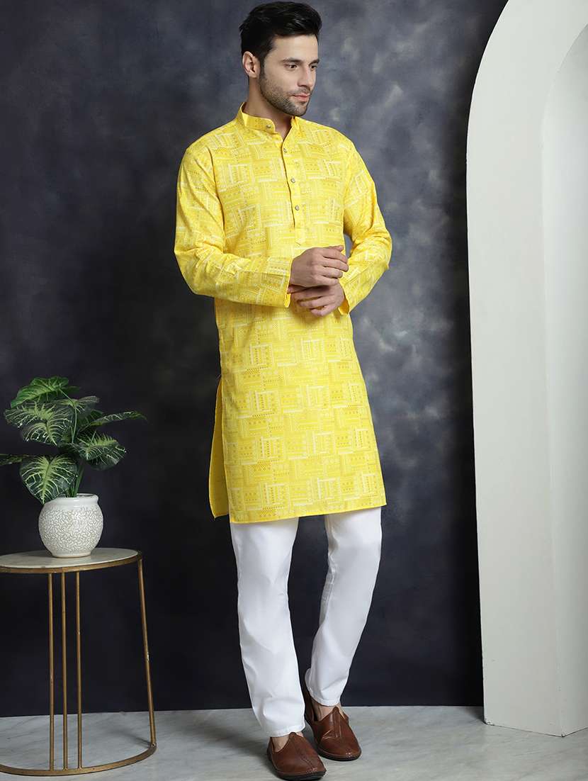 yellow cotton blend kurta pyjama ethnic wear set - 20982508 - Standard Image - 1