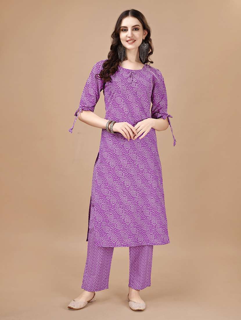 women round neck bandhani kurta pant set - 20982527 -  Standard Image - 1