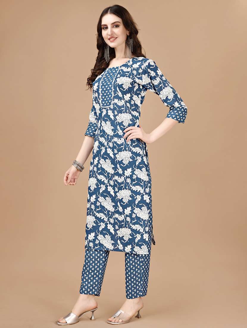 women blue round neck kurta pant set - 20982528 -  Standard Image - 1
