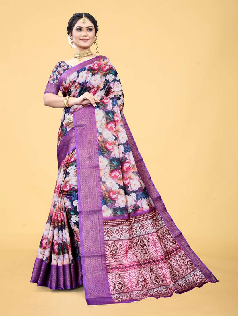 women floral printed bordered saree with blouse