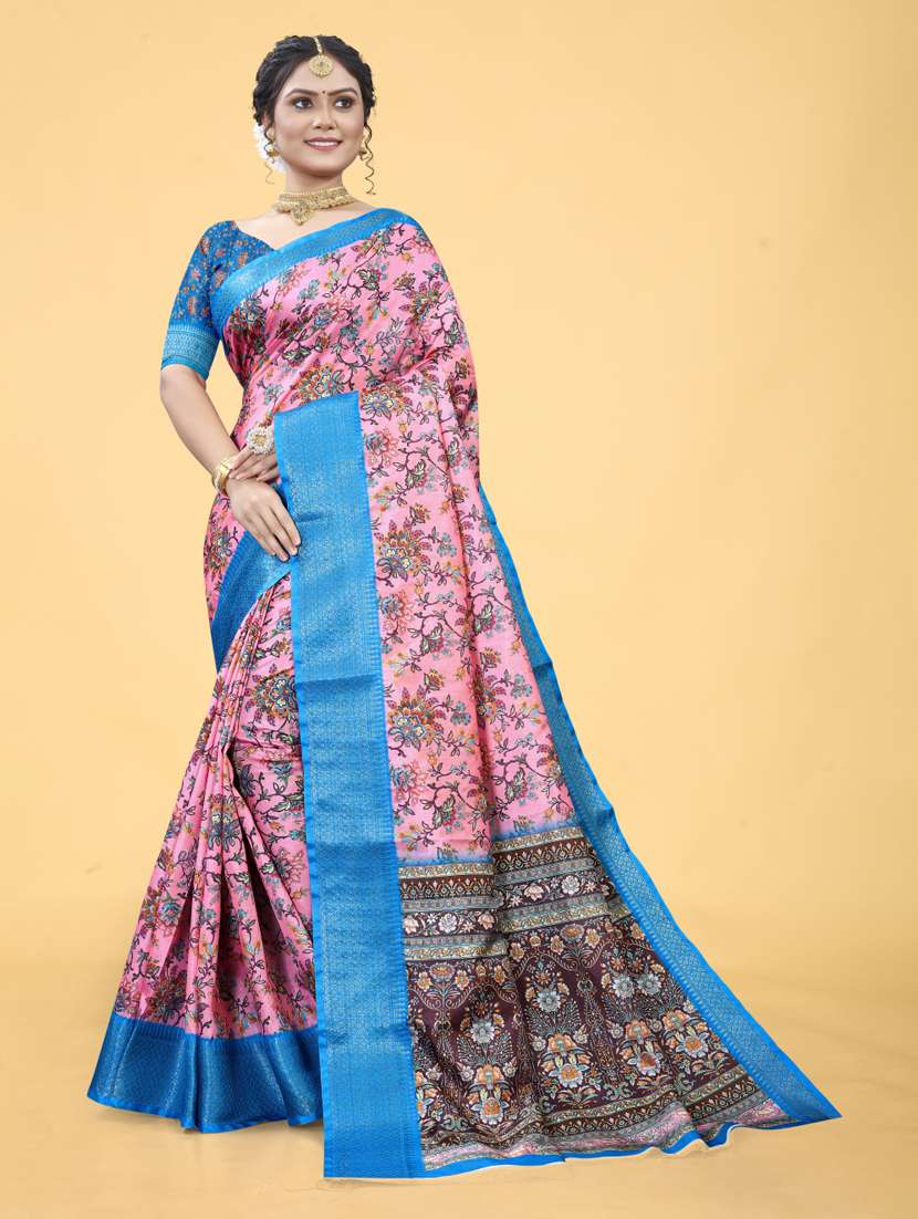 women floral printed bordered saree with blouse