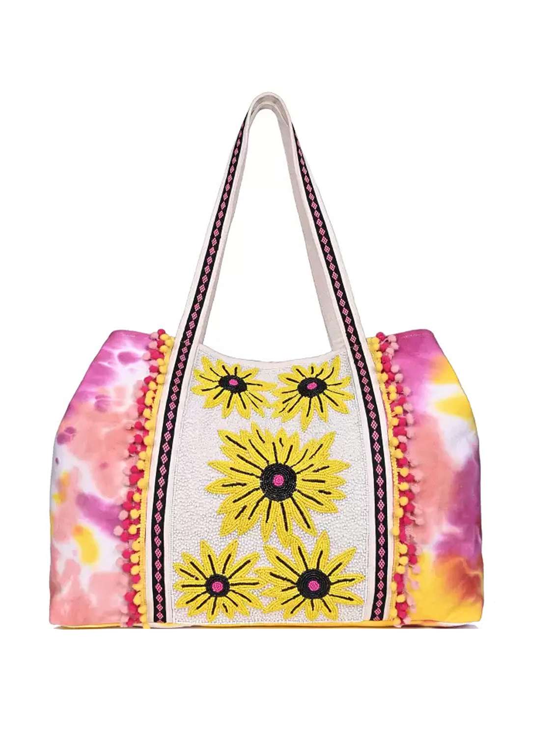 boho girl sassy sunflower tote- hand beaded black and yellow sunflower tote