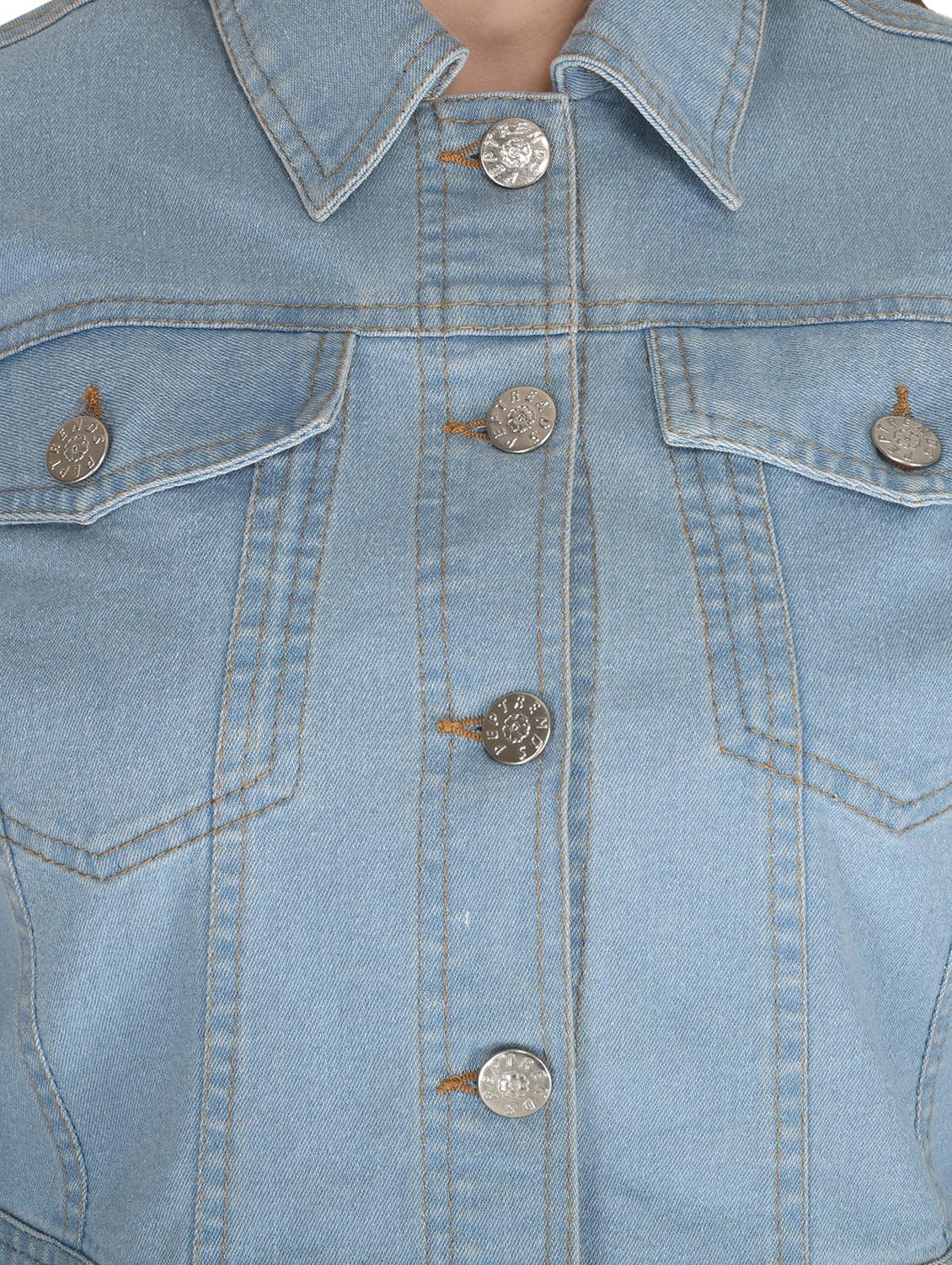 women light blue solid denim jacket - 20983675 - Standard Image - 4