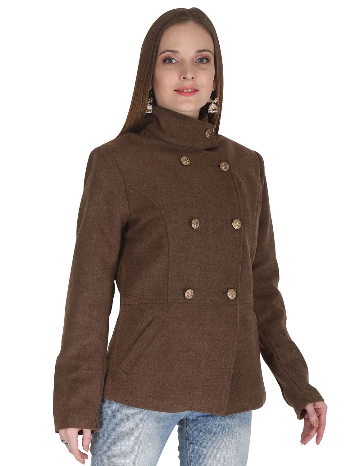 solid brown detailed regular woollen coat - 20983676 - Standard Image - 1
