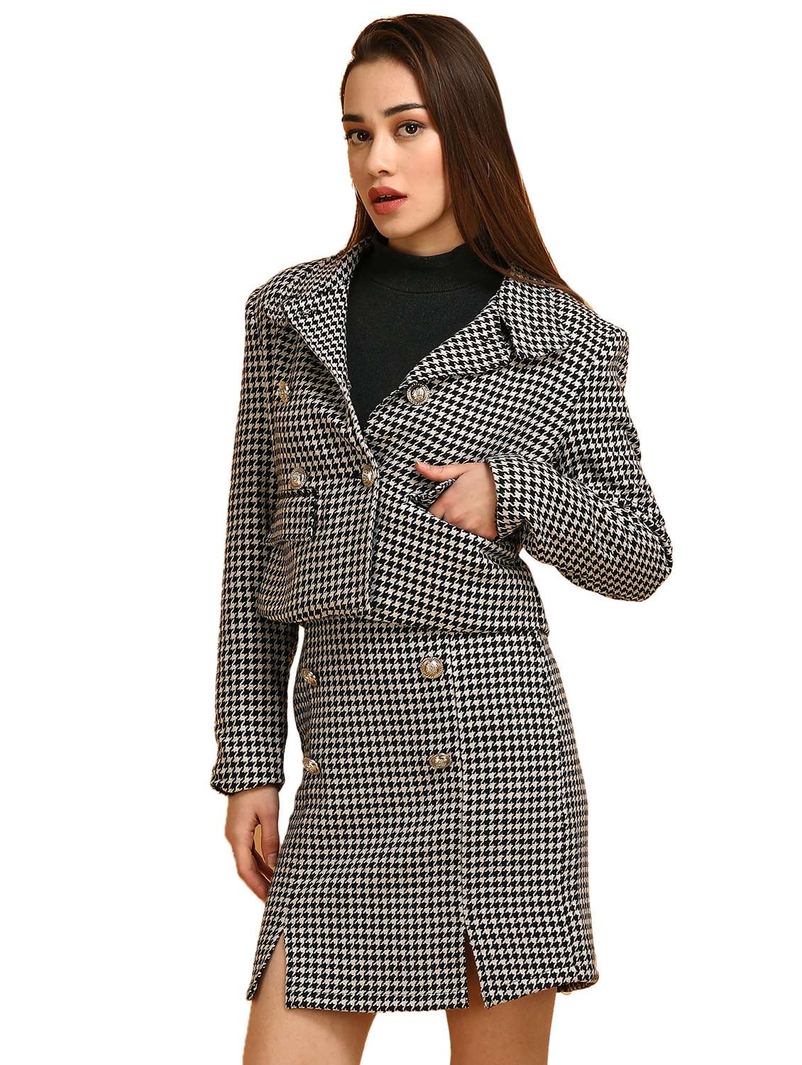 black printed detailed casual woollen coat - 20983677 -  Standard Image - 1