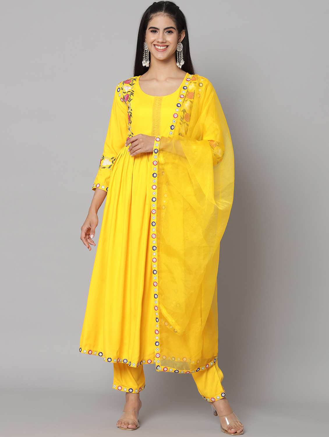 women yellow kurta pant set with dupatta