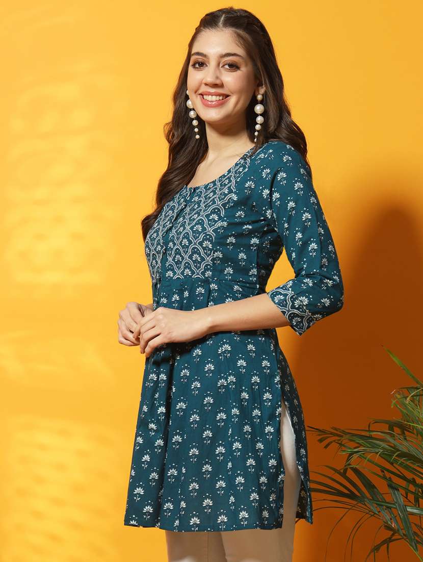 women teal floral printed flared tunic - 20996199 - Standard Image - 1