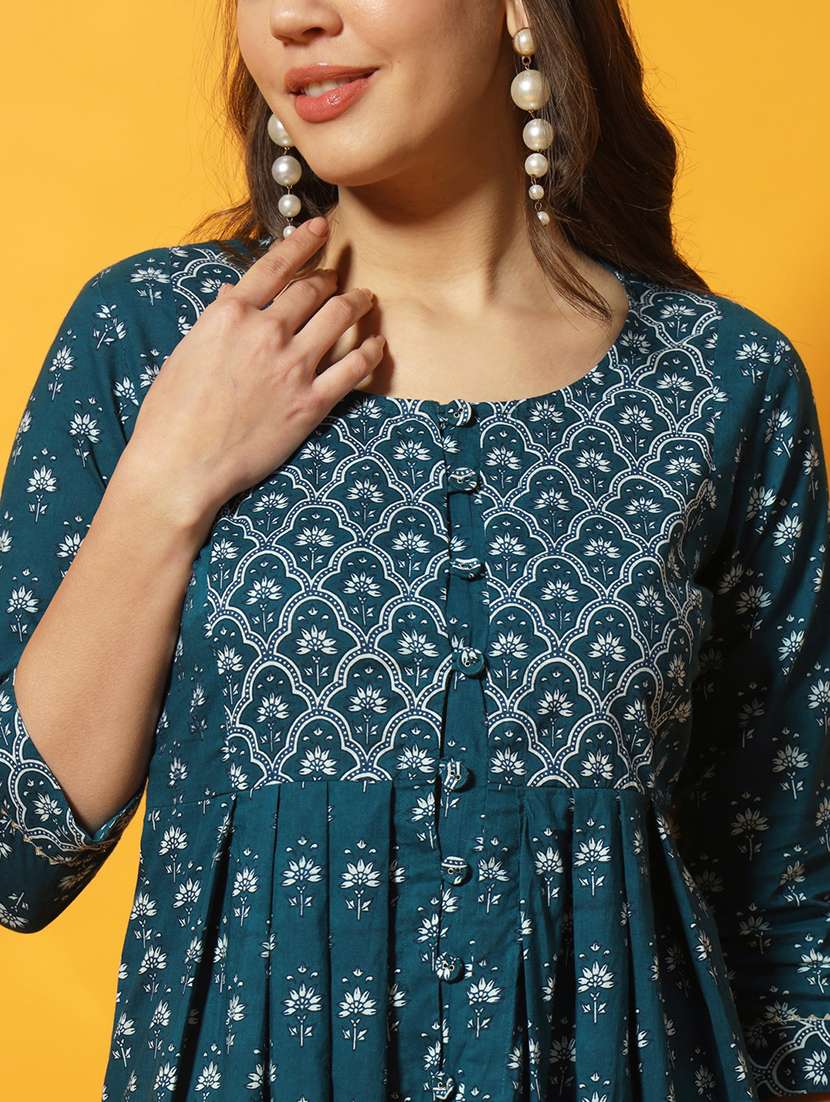 women teal floral printed flared tunic - 20996199 - Standard Image - 4