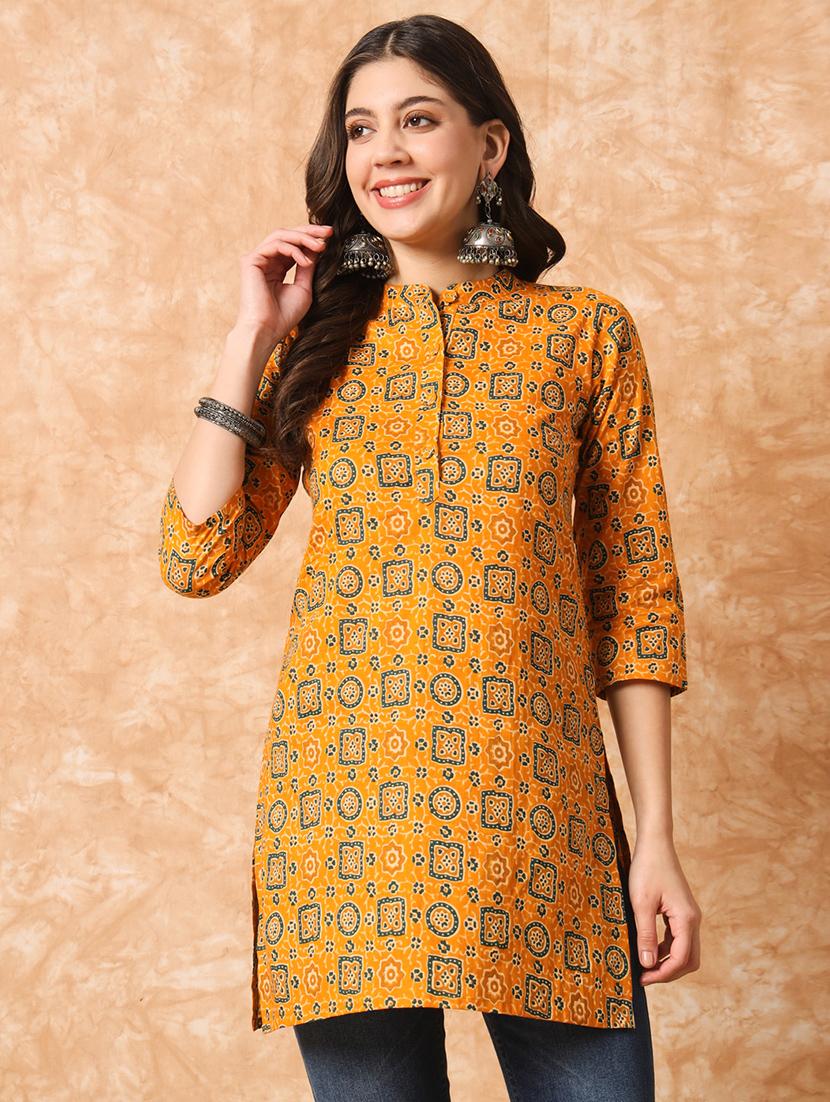 women mustard printed regular tunic