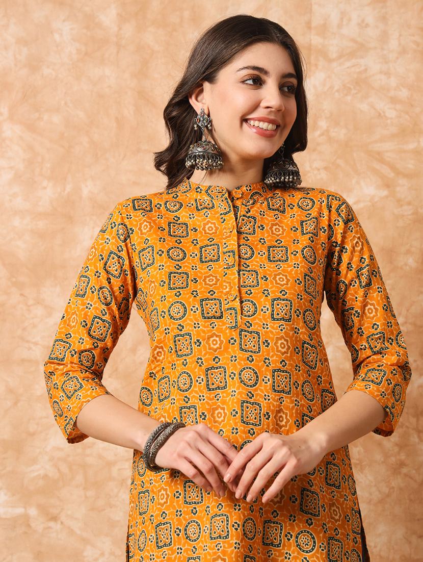 women mustard printed regular tunic - 20996208 - Standard Image - 4